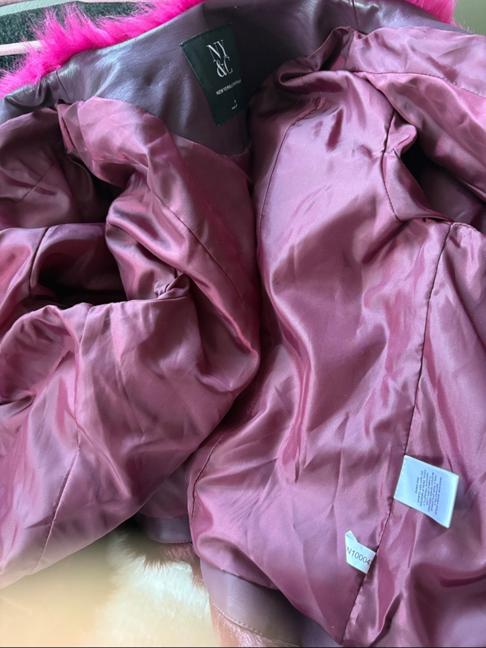 New York & Company Women's Burgundy Faux Fur Jacket with Leather-look Sleeves - Picture 8 of 10